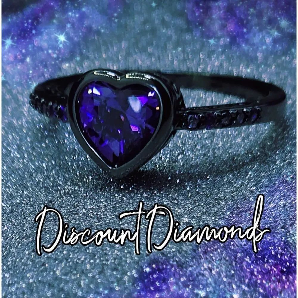 Heart Shaped Amethyst Cocktail Ring with 10 small Amethyst on Black 925 Silver